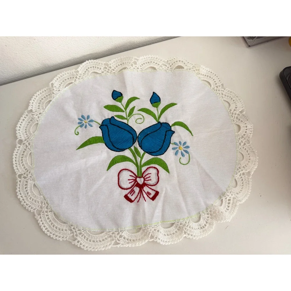 Vintage Hand Embroidered Blue Tulip Oval Doily White Crochet Lace Trim 11x8.5